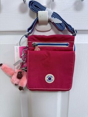 NWT Kipling RedNylon Eldorado Crossbody Bag with Monkey Charm